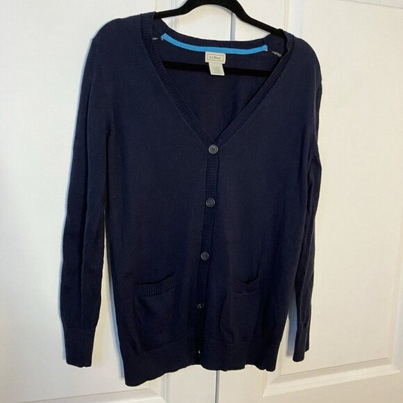 L.L. Bean Cardigan Womens Small Navy Blue Cotton Cashmere V-neck Grandpa Neutral - Picture 1 of 6